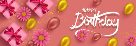 Valentines day background with pink gift box, balloon and hand drawn letteringのイラスト素材