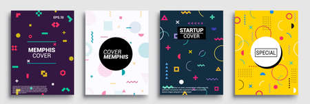 Memphis Style Poster Set. Halftone and geometric shapes patterns. Flat style Abstract Vector Design...