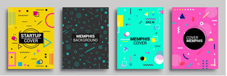 Memphis Style Poster Set. Halftone and geometric shapes patterns. Flat style Abstract Vector Design ideal for Banner, Web, Promotion, Placard and Billboard.のイラスト素材