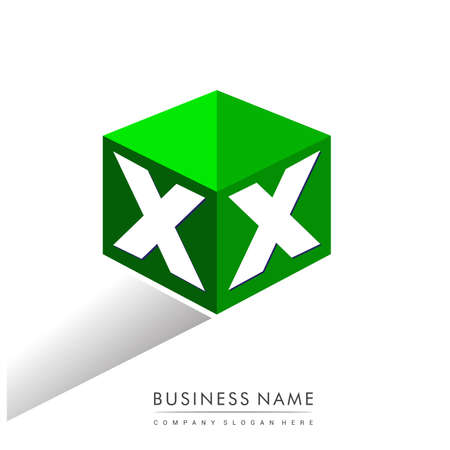Letter XX logo in hexagon shape and green background, cube logo with letter design for company identity.のイラスト素材