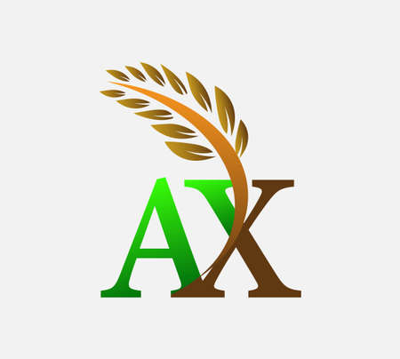 initial letter logo AX, Agriculture wheat Logo Template vector icon design colored green and brown.のイラスト素材