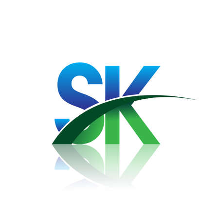 initial letter SK  company name colored blue and green swoosh design. vector   for business and company identity.のイラスト素材
