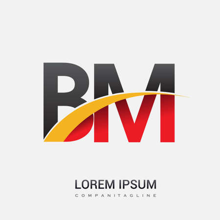 initial letter BM logotype company name colored red, black and yellow swoosh design. isolated on white background.のイラスト素材