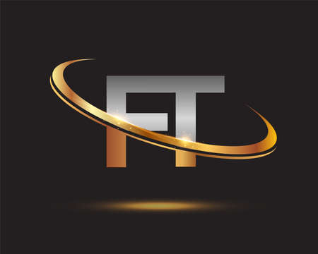 initial letter FT logotype company name colored gold and silver swoosh design. isolated on black background.のイラスト素材