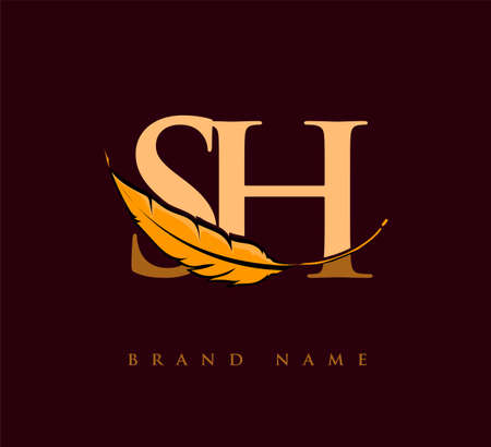 Initial letter SH logo with Feather Company Name, Simple and Clean Design. Vector Logo for Business and Companyのイラスト素材