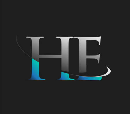 HE initial logo company name colored blue and white swoosh design, isolated on dark background. vector logo for business and company identity.のイラスト素材
