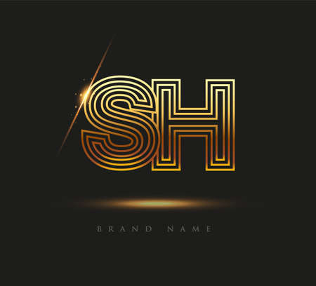 Initial Logo Letter SH, Bold Logotype Company Name Colored Gold, Elegant Design. isolated on black background.のイラスト素材