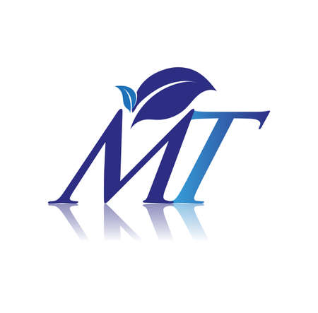 Initial Letter MT With Leaf Logo, colored blue nature and environment logo. vector logo for business and company identity.のイラスト素材
