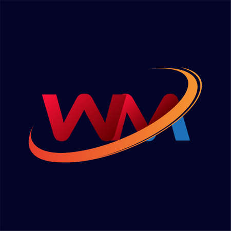 initial letter WM logotype company name colored red and orange swoosh design. isolated on dark background.のイラスト素材