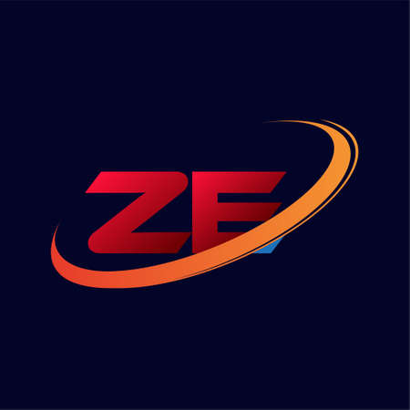 initial letter ZE logotype company name colored red and orange swoosh design. isolated on dark background.のイラスト素材