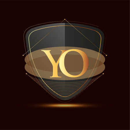Initial logo letter YO with shield Icon golden color isolated on dark background, logotype design for company identity.のイラスト素材