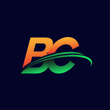 initial logo BC company name colored orange and green swoosh design, isolated on dark background. vector logo for business and company identity.のイラスト素材
