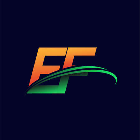 initial logo EF company name colored orange and green swoosh design, isolated on dark background. vector logo for business and company identity.のイラスト素材