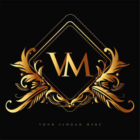 Initial logo letter VM with golden color with ornaments and classic pattern, vector logo for business and company identity.のイラスト素材