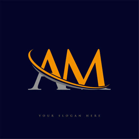 initial letter AM logotype company name yellow and grey swoosh design. isolated on dark background.のイラスト素材