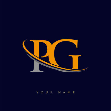 initial letter PG logotype company name yellow and grey swoosh design. isolated on dark background.のイラスト素材