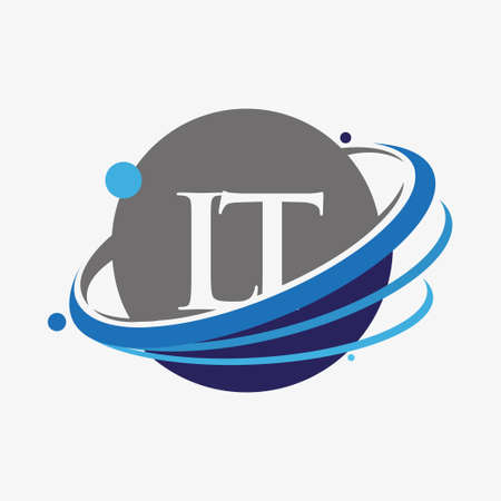 initial letter LT logotype company name colored blue and grey swoosh and globe design. isolated on white background.