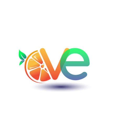 initial letter VE logotype orange and green color, initial logo for fresh fruit store or any company that related with fresh fruit or nature, vector illustration.のイラスト素材