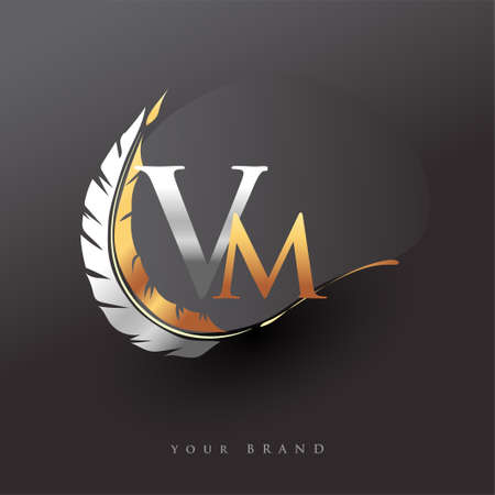 Initial letter VM logo with Feather Gold And Silver Color, Simple and Clean Design For Company Name. Vector Logo for Business and Company.