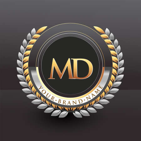 Initial logo letter MD with golden and silver color with laurel and wreath, vector logo for business and company identity.