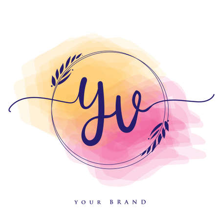 YV Initial handwriting logo. Hand lettering Initials logo branding, Feminine and luxury logo design isolated on colorful watercolor background.のイラスト素材