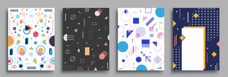 Memphis Style Poster Set. Halftone and geometric shapes patterns. Flat style Abstract Vector Design ideal for Banner, Web, Promotion, Placard and Billboard.のイラスト素材