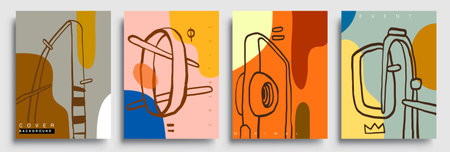 Set of posters with elements abstract geometric shapes, modern graphic design. Perfect for social media, poster, cover, invitation, brochure.のイラスト素材