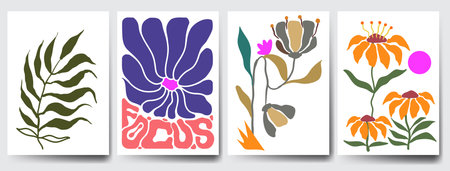 Groovy abstract flower art set. Organic doodle shapes in trendy naive retro hippie 60s 70s style. Contemporary doodle art design for print, wallpaper, clipart, wall art for home decoration, poster.のイラスト素材