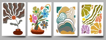 Groovy abstract flower art set. Organic doodle shapes in trendy naive retro hippie 60s 70s style. Contemporary doodle art design for print, wallpaper, clipart, wall art for home decoration, poster.のイラスト素材