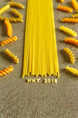 Happy New Year 2016 message arranged with pastaの写真素材