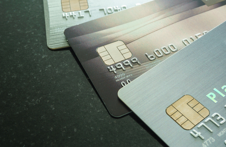 credit cards with microchip in close up detailsの写真素材