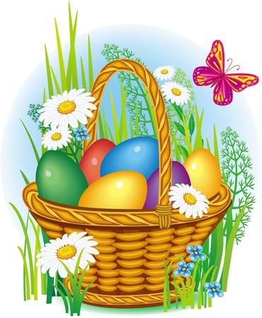 Ð¡olorful Easter Eggs in wicker basketのイラスト素材