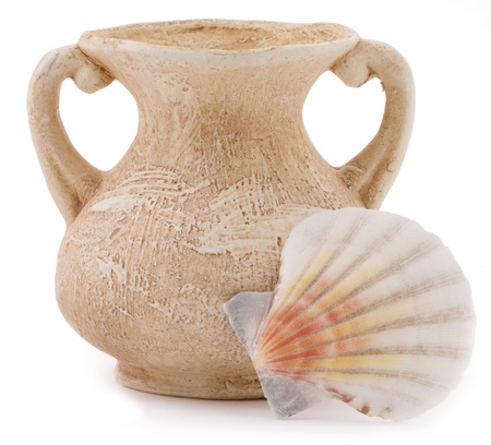 Terracotta pot and shellの写真素材