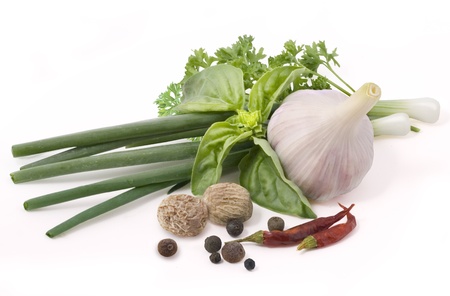 Still life herbs and spices on white backgroundの写真素材