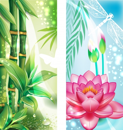 Vertical banners with bamboo and lotusのイラスト素材