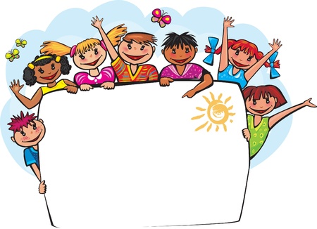 Kids behind the bannerのイラスト素材