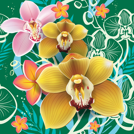 Seamless floral pattern with orchid on greenのイラスト素材
