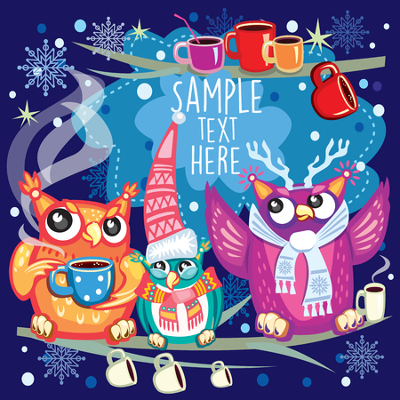 Merry Christmas card with Cute Owlsのイラスト素材