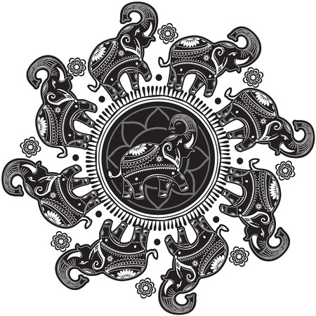 Round pattern with decorated elephantsのイラスト素材