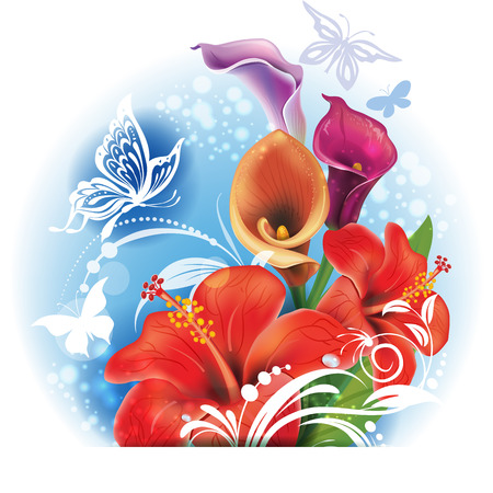 Bouquet of red Hibiscus and Calla flowersのイラスト素材