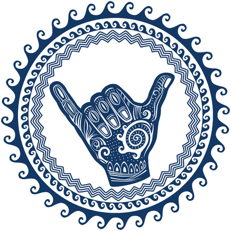 Shaka hand sign in round wave ornament