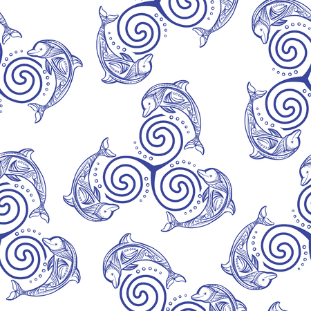 Seamless pattern with dolphins in waveのイラスト素材