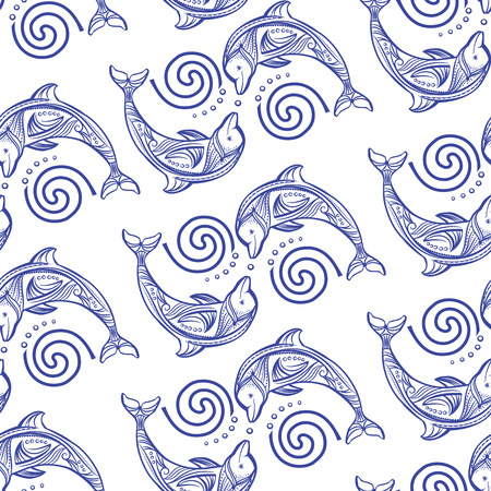 Seamless pattern with dolphins in waveのイラスト素材