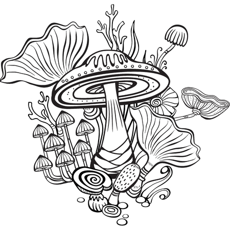 Coloring book page for adult with mushroomsのイラスト素材