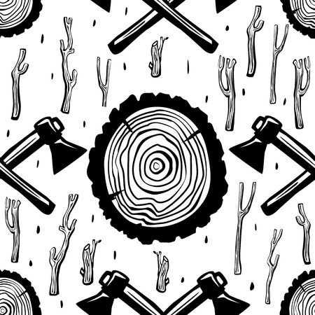 Seamless pattern with axes and wood round splitのイラスト素材