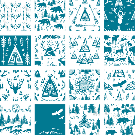 Seamless pattern of Outdoors Activity, Travel Tourism, Hiking in tiles.のイラスト素材