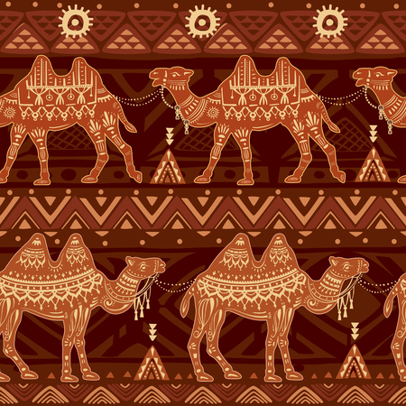 Seamless pattern with camels and ethnic motifsのイラスト素材