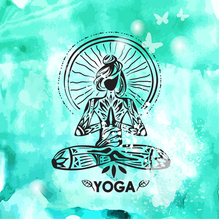 Girl in lotus yoga pose on watercolor backgroundのイラスト素材