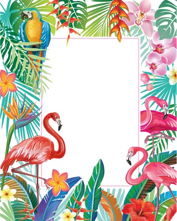 Border with Flamingoes and tropical plantsのイラスト素材