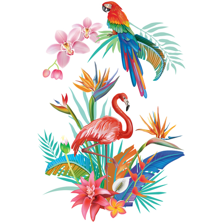 Tropical Flowers Leaves Flamingoes and Parrotsのイラスト素材